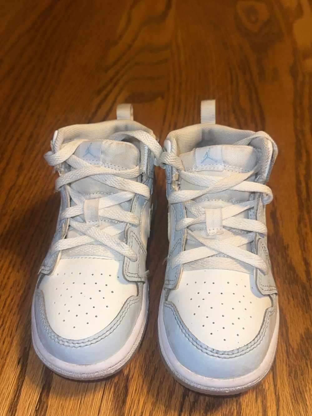 Kids White and Light Blue jordans